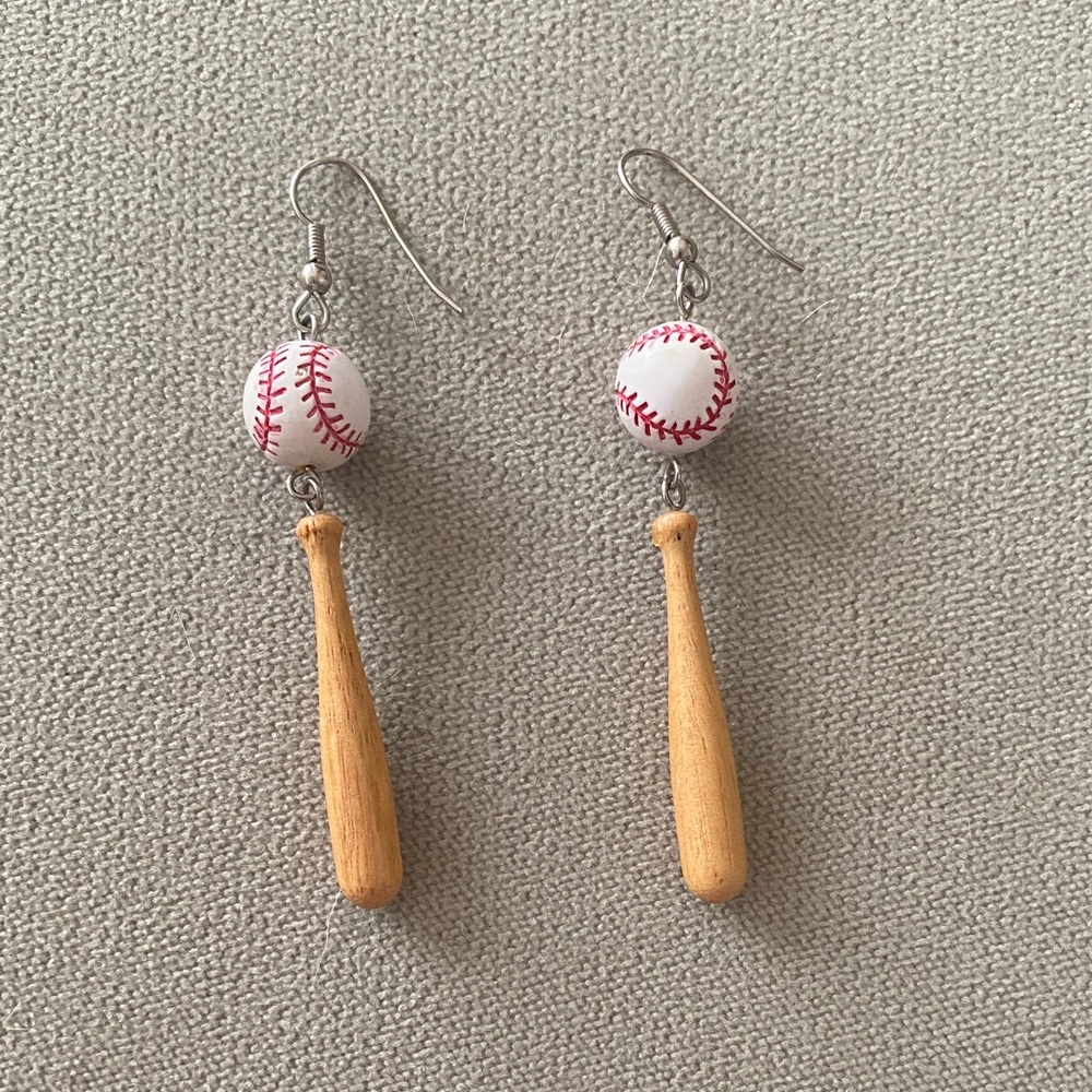 Baseball & Bat Dangle Earrings - White & red baseballs w/ Wood bats